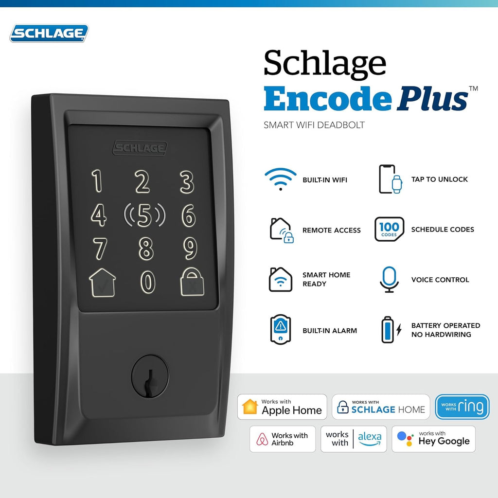 Schlage Encode Plus Smart WiFi Deadbolt (Black/Chrome/Satin Nickel/Brass)